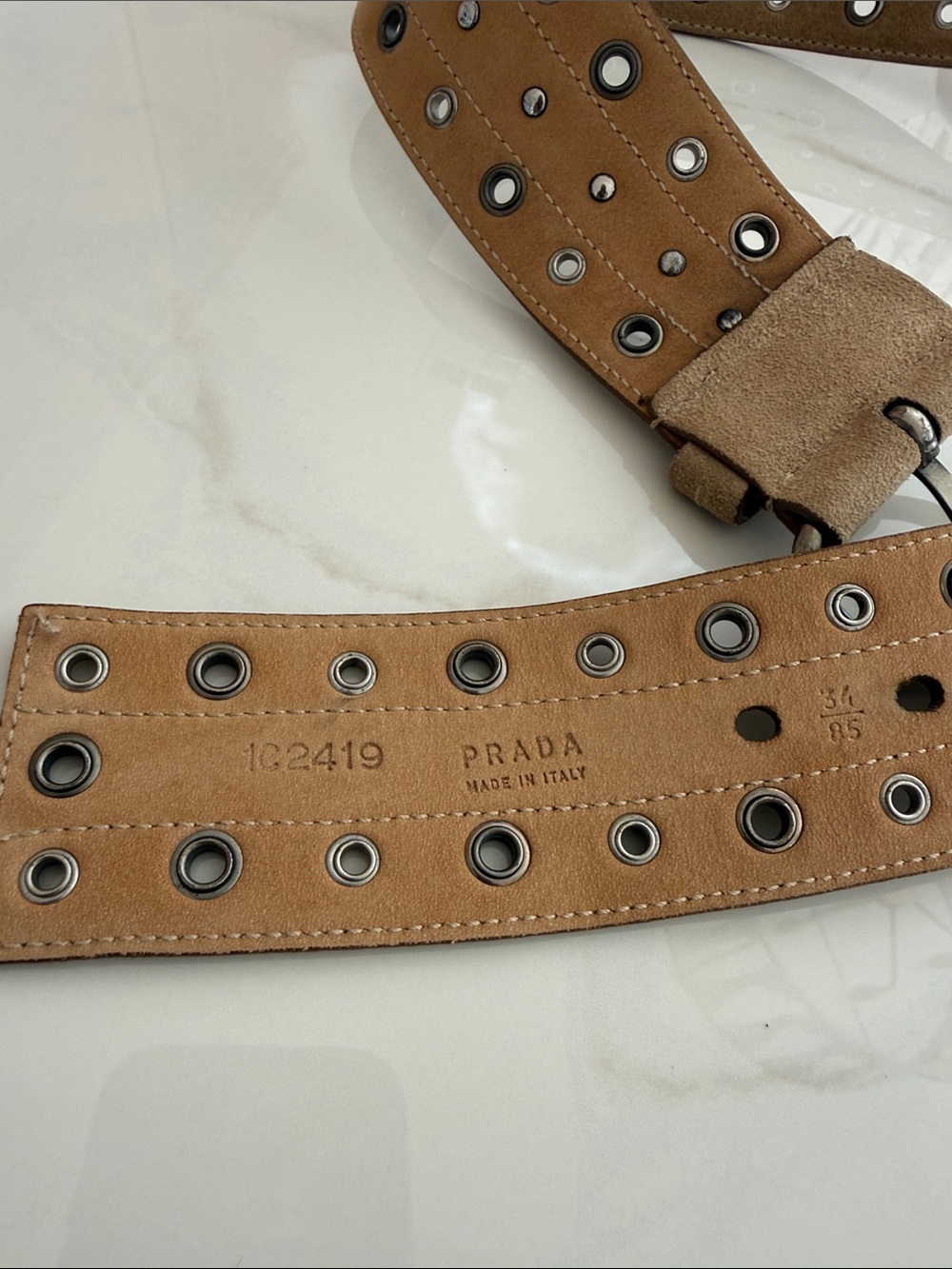Prada Tan Leather Suede Eyelet Detail Belt 34” women’s